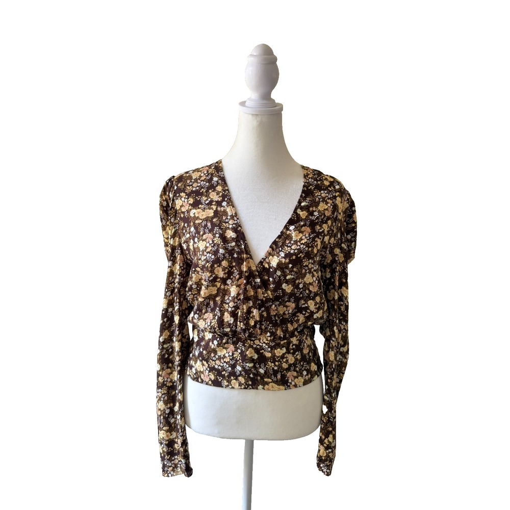 AFRM Floral Wrap Top Womens Medium Brown Puff Sleeve Smocked V-Neck Cottagecore